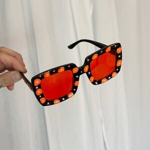 Hand Painted Flame Dot Red Lens Statement Sunglasses